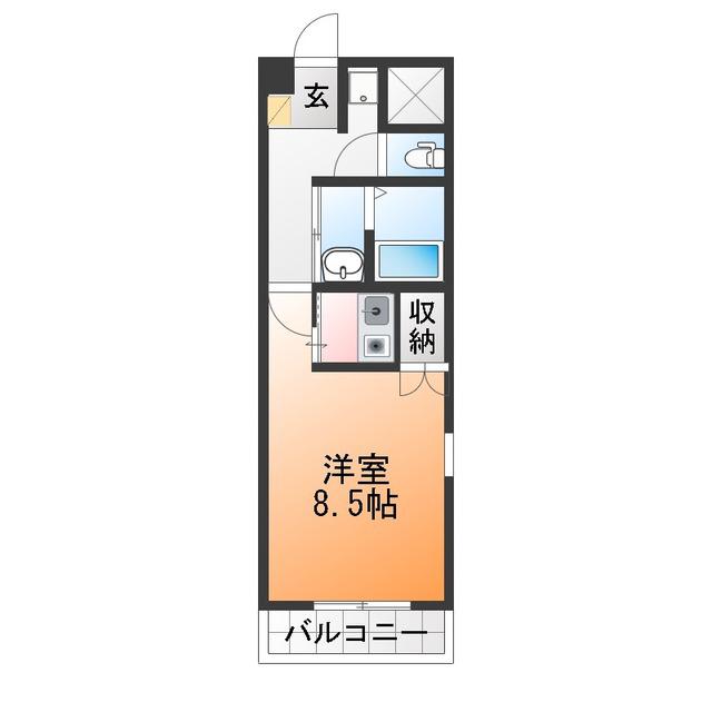 ルート南向 A棟(1K/2階)の間取り写真