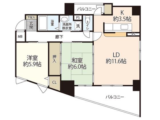 ダイアモンドビュー(2LDK/6階)の間取り写真