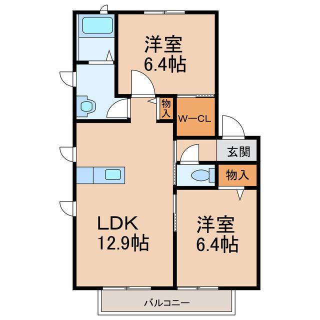 シャーメゾン内原(2LDK/2階)の間取り写真