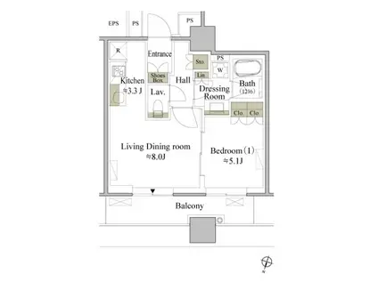 目黒MARCレジデンスタワー(1LDK/5階)の間取り写真