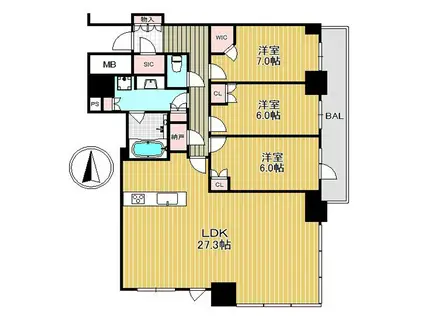 シエリアタワー千里中央(3LDK/32階)の間取り写真