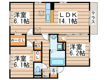 ボヌール・ヒルズ 市名坂 A(3LDK/2階)の間取り写真