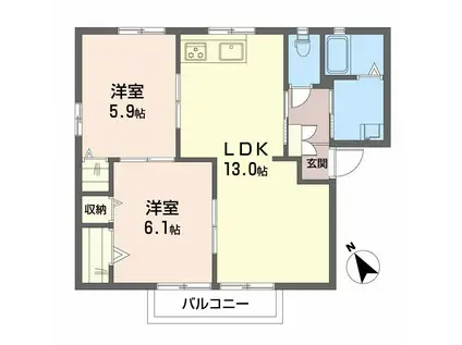 ファンテジー旭ヶ丘 A棟(2LDK/2階)の間取り写真