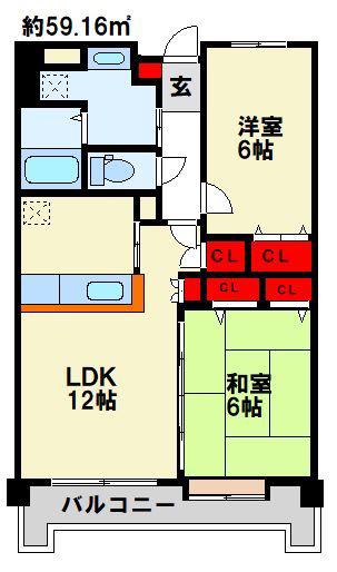 ハイネス若園(2LDK/6階)の間取り写真