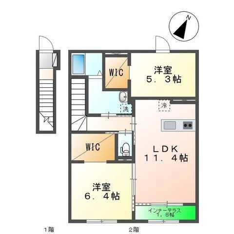 シェルルおおたかの森(2LDK/2階)の間取り写真