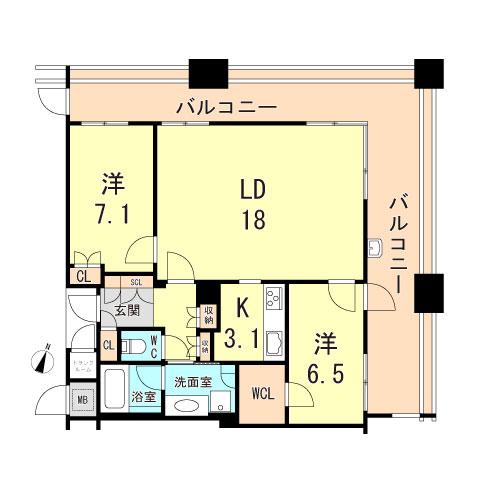 Dグラフォート神戸三宮タワー(2LDK/24階)の間取り写真