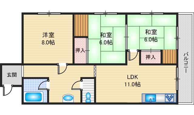 茨木春日丘ハイツ(3LDK/2階)の間取り写真