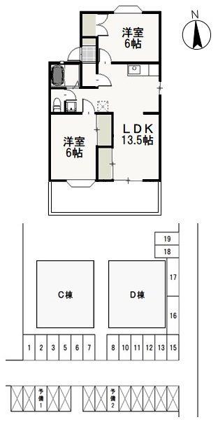 ファミーユ・ビボD(2LDK/1階)の間取り写真