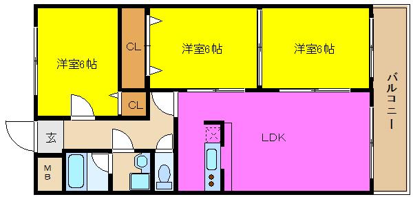 ヒルズ東大阪(3LDK/1階)の間取り写真