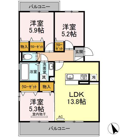 コンフォール古閑中(3LDK/3階)の間取り写真