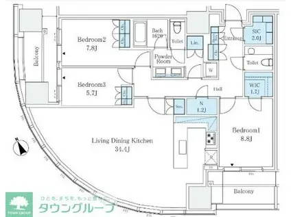 麻布台ヒルズレジデンスB(3LDK/28階)の間取り写真