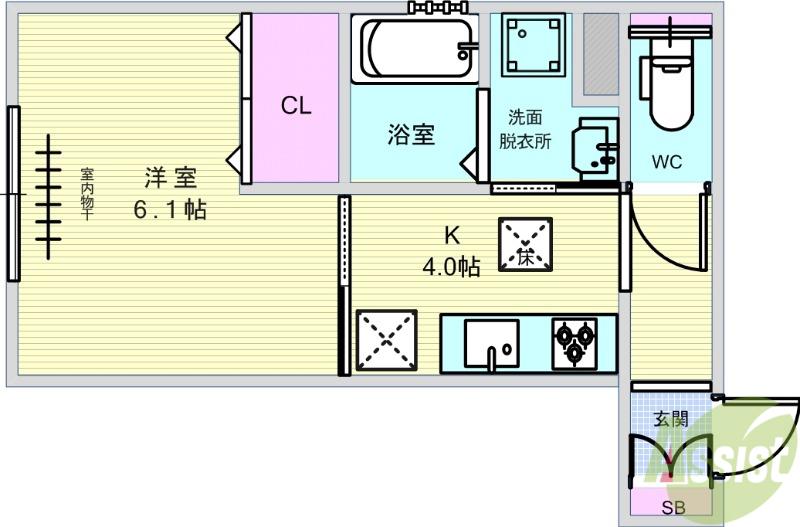 D-ROOMクロス(1K/1階)の間取り写真