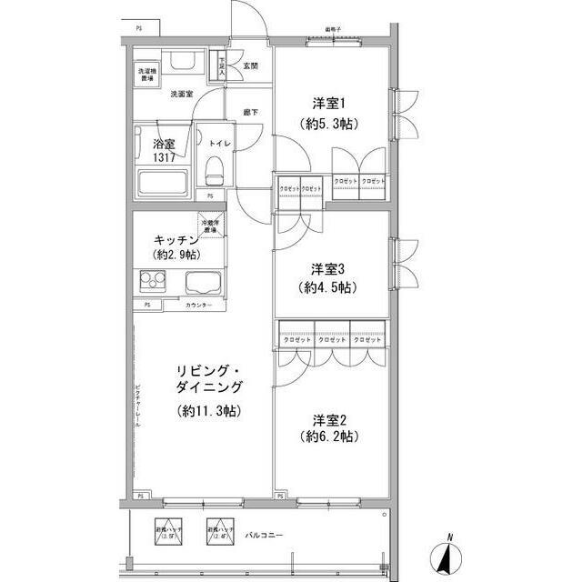 ヒューリックコート雪が谷(3LDK/2階)の間取り写真