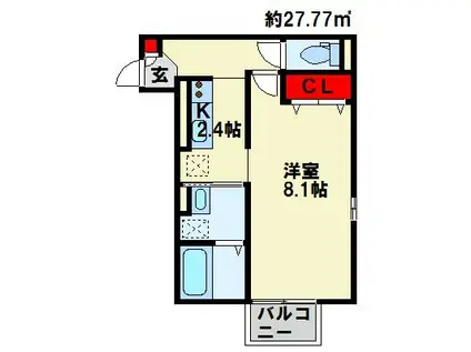 CARNELIAN 穴生(1K/2階)の間取り写真