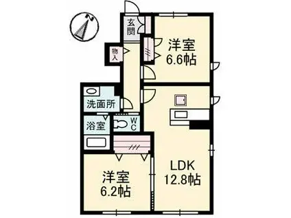 マリ・ソル若葉 B棟(2LDK/1階)の間取り写真