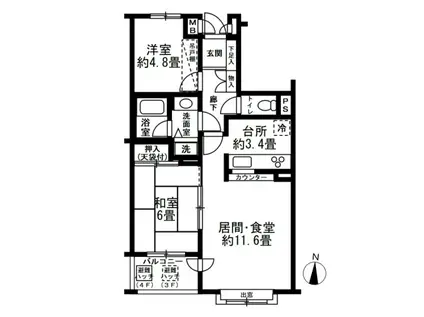 横浜鶴見ガーデンハウス(2LDK/4階)の間取り写真