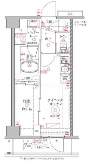クレイシアアイズ二子新地(1DK/6階)の間取り写真