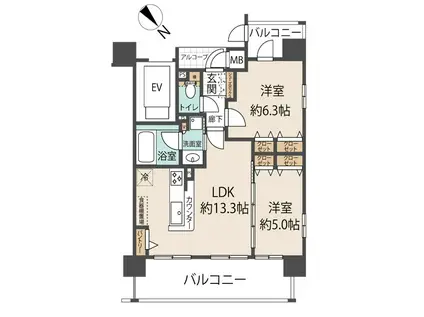 ベルヴィ東園田(2LDK/9階)の間取り写真