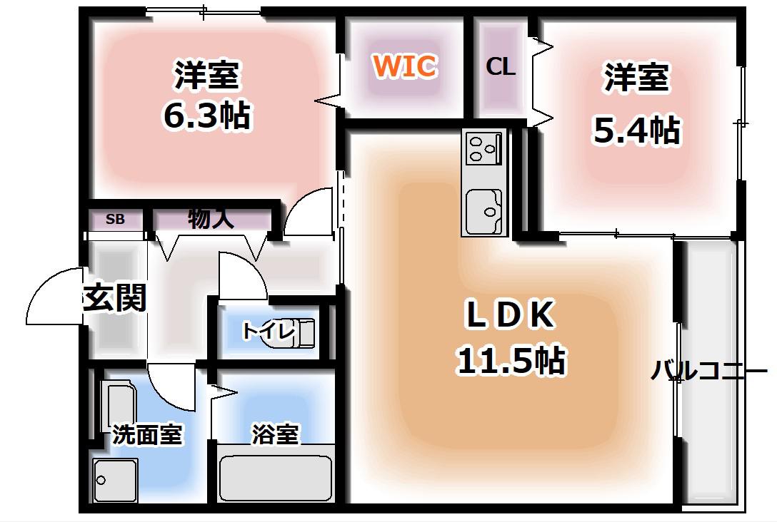 LEBONHEUR大庭(2LDK/2階)の間取り写真