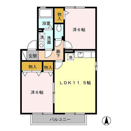 サンハイムB棟(2LDK/1階)の間取り写真