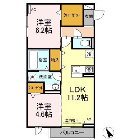 オッツ一宮(2LDK/2階)の間取り写真