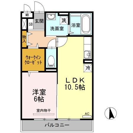 ミアカーサA棟(1LDK/2階)の間取り写真