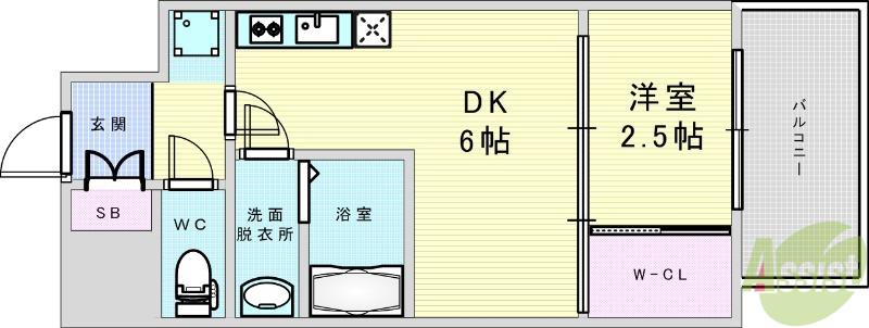 プレリスNEO大阪十三エルヴィオン(1DK/13階)の間取り写真