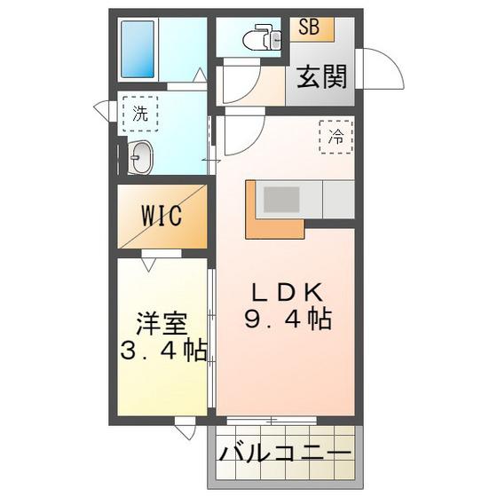 ハートウィズ1122 B棟(1LDK/2階)の間取り写真