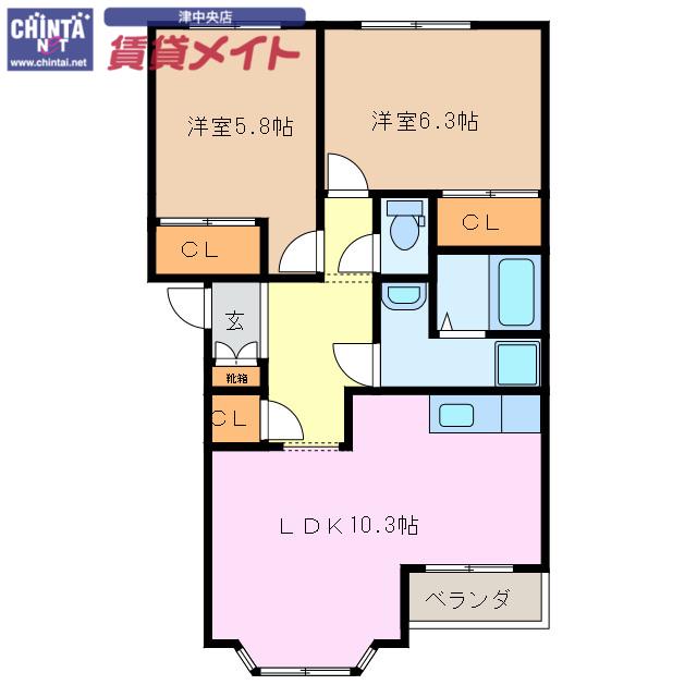 ハピネスあや(2LDK/1階)の間取り写真