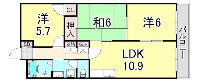 エクレール東園田(3LDK/3階)の間取り写真