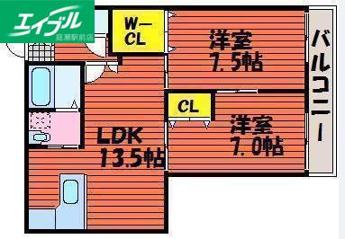 ラクール庭瀬(2LDK/2階)の間取り写真