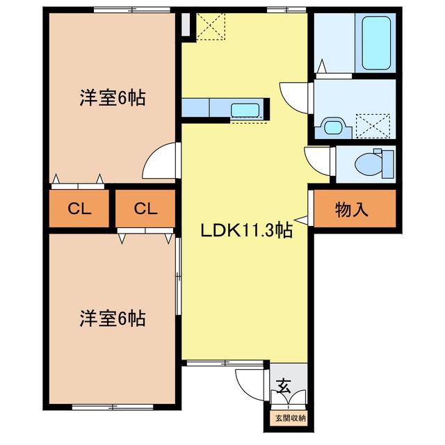ツインシティー道伯A棟(2LDK/1階)の間取り写真