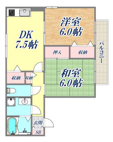 ハイカムール芦屋(2DK/1階)の間取り写真