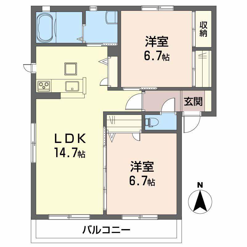 ハーミテージ B棟(2LDK/2階)の間取り写真