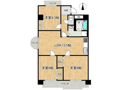 グリーンコーポ東一社 A棟(3LDK/3階)の間取り写真