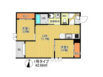 REGALEST サンメゾン箱崎(2LDK/1階)の間取り写真