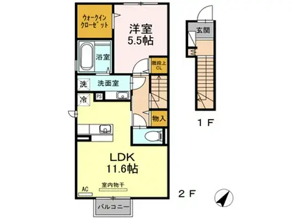 ラ・ランド上新栄B棟(1LDK/2階)の間取り写真