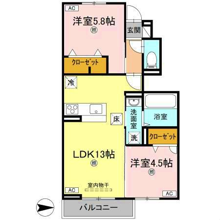 オリエンタルコ一ト南田宮(2LDK/1階)の間取り写真