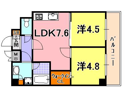 ロイヤルヒル神戸三ノ宮II(2LDK/9階)の間取り写真