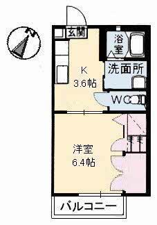 グリーンルーフ沖野上(1K/1階)の間取り写真