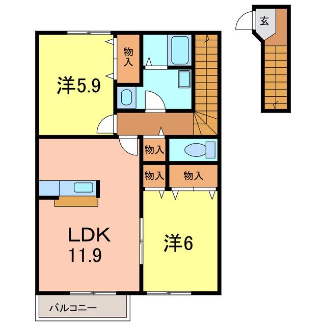 パッシオネS-II(2LDK/2階)の間取り写真