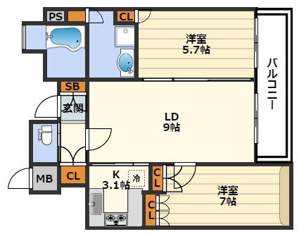 リーガル梅田II(2LDK/5階)の間取り写真