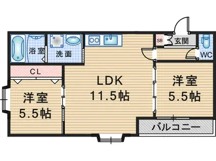 ボヌール緑地公園(2LDK/2階)の間取り写真