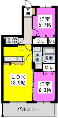 メゾンドロゼ(2LDK/4階)の間取り写真