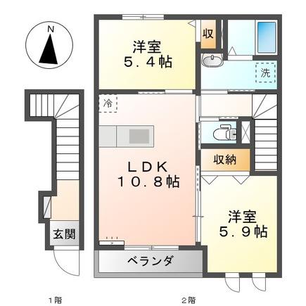 ディアベルジュ輝(2LDK/2階)の間取り写真