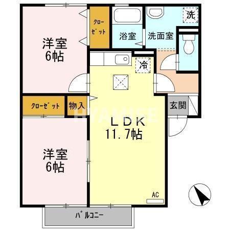 ロイヤルガーデン三城B(2LDK/1階)の間取り写真