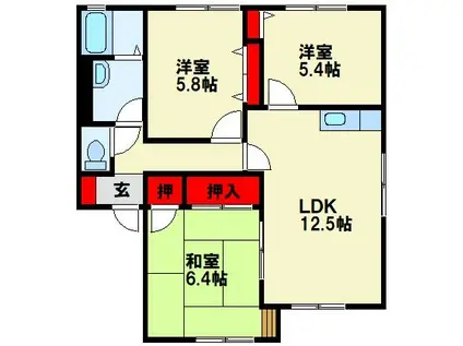 ディアス本城 B棟(3LDK/1階)の間取り写真