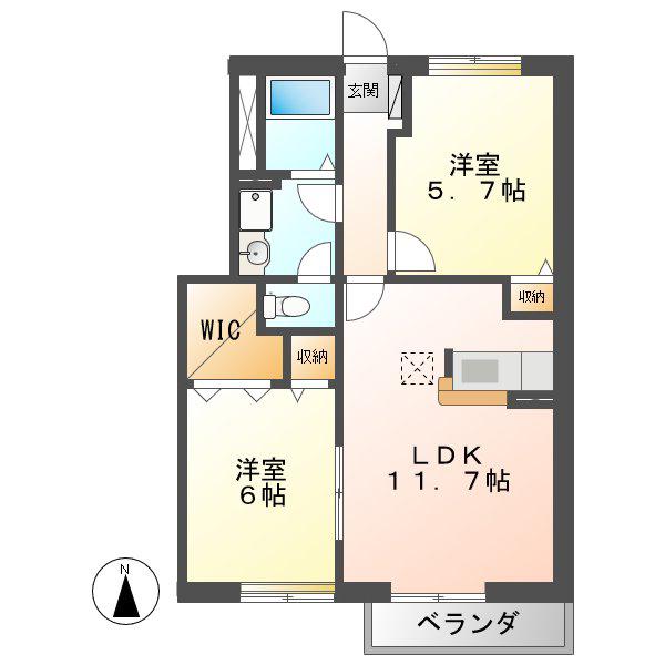 クレセント北郷 B(2LDK/1階)の間取り写真
