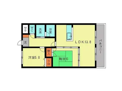 西鉄天神大牟田線 春日原駅 徒歩10分 6階建 築23年(2LDK/3階)の間取り写真