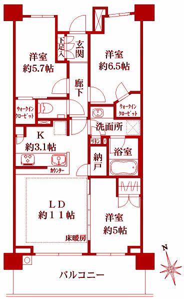 ザ・パークハウス戸塚ガーデン(3LDK/3階)の間取り写真